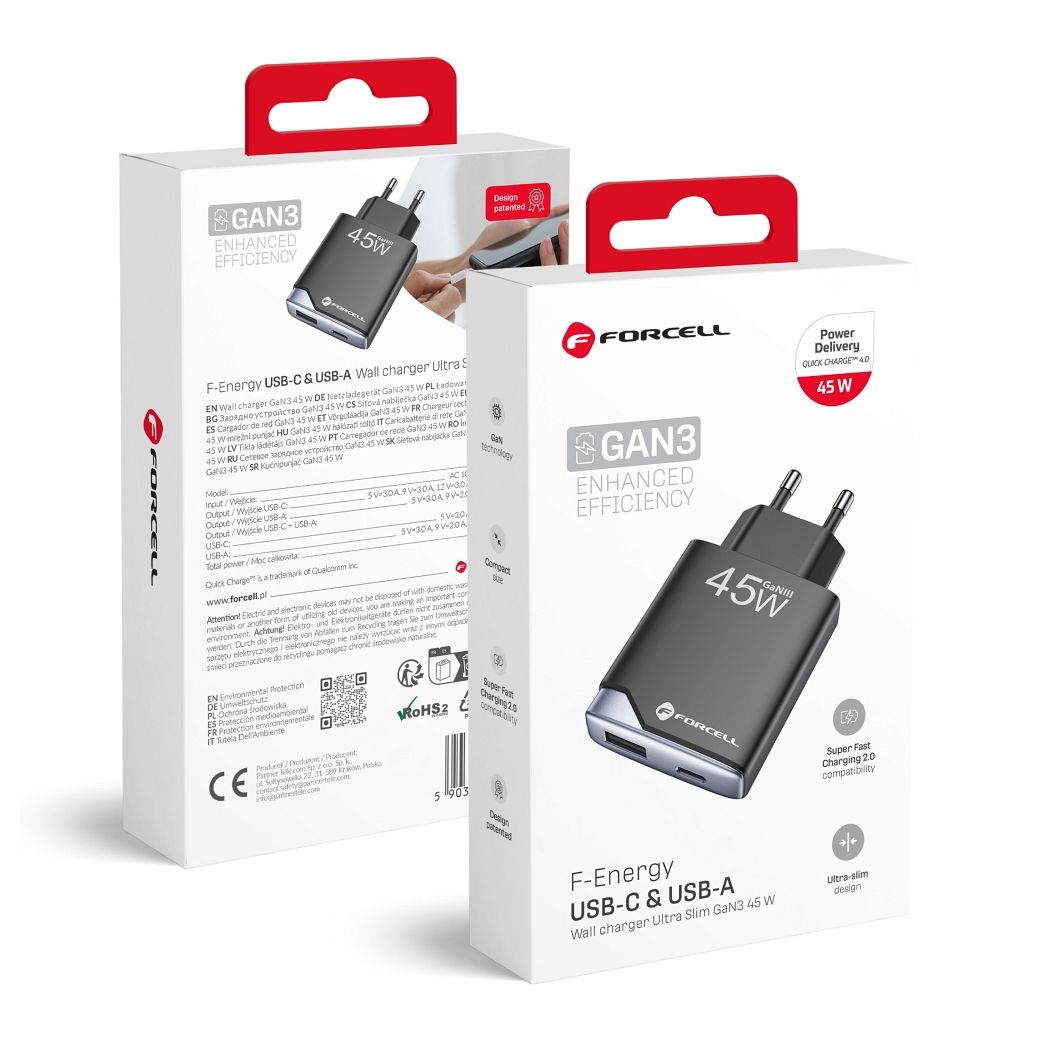FORCELL F-ENERGY GaN III B245202(1A1C) īpaši plāns ceļojumu lādētājs 1 x Type C + 1 x USB A PD QC4.0 3A 45W melns