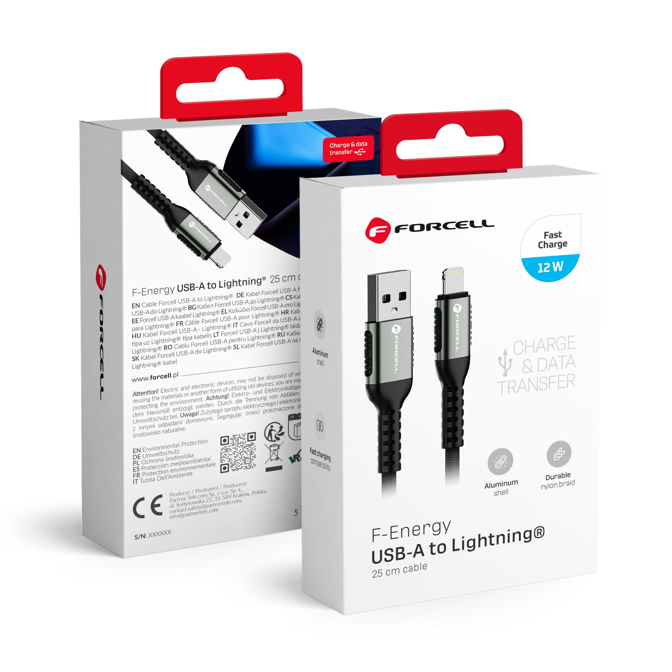 FORCELL F-ENERGY C257 kabelis USB A uz Lightning 2,4A 12W Cafule 0,25 m melns