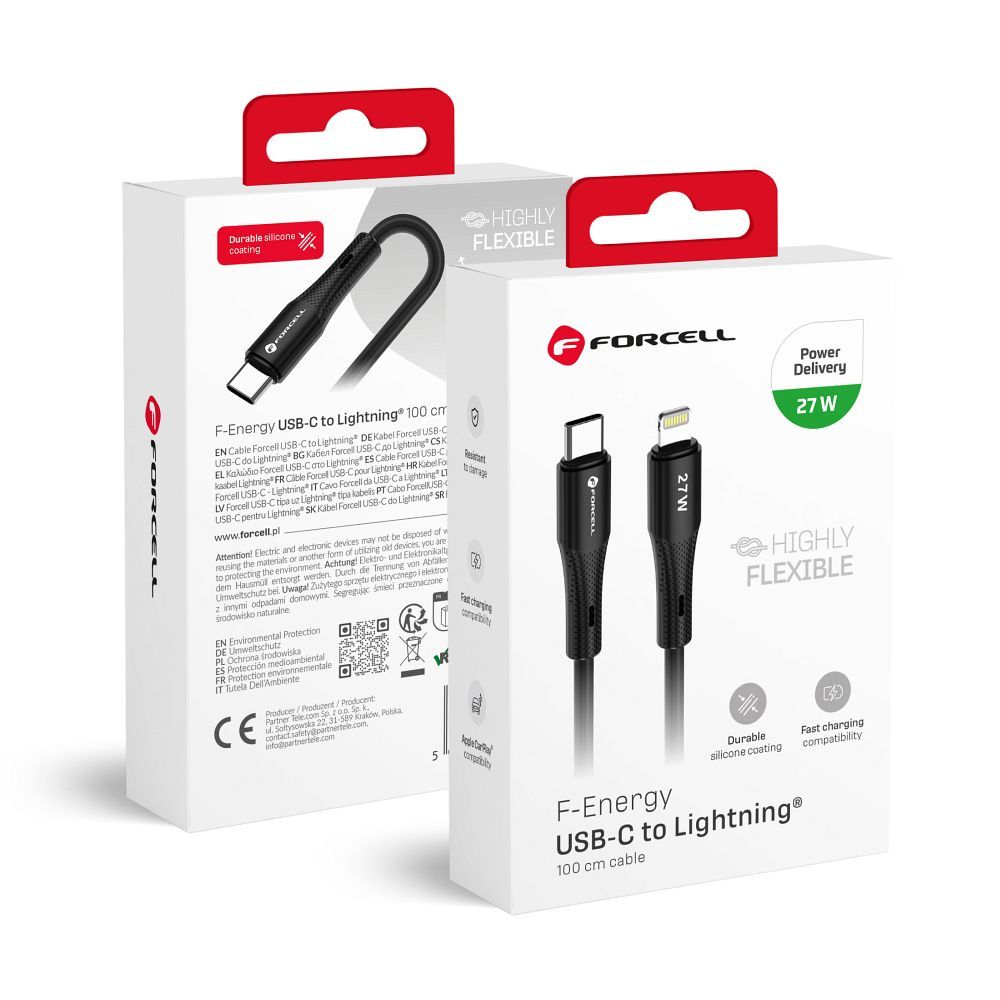FORCELL F-ENERGY C346 kabelis Type C uz Lightning PD 3A 27W Silicone 1 m melns