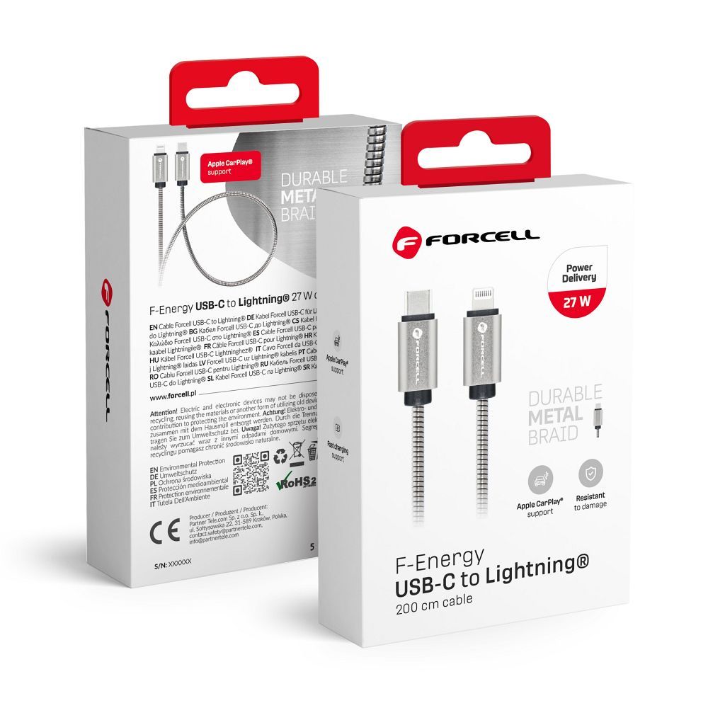 FORCELL F-ENERGY Metal C238 kabelis Type C uz Lightning PD 3A 27W 2 m sudrabains