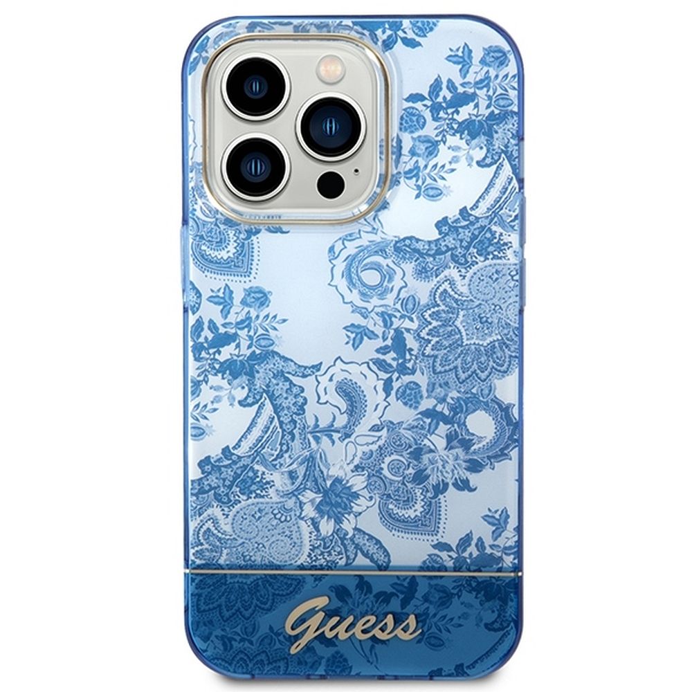 Guess GUHCP14LHGPLHB iPhone 14 Pro 6.1 zils / zils kietais viedtālruņa apvalks Porcelain Collection