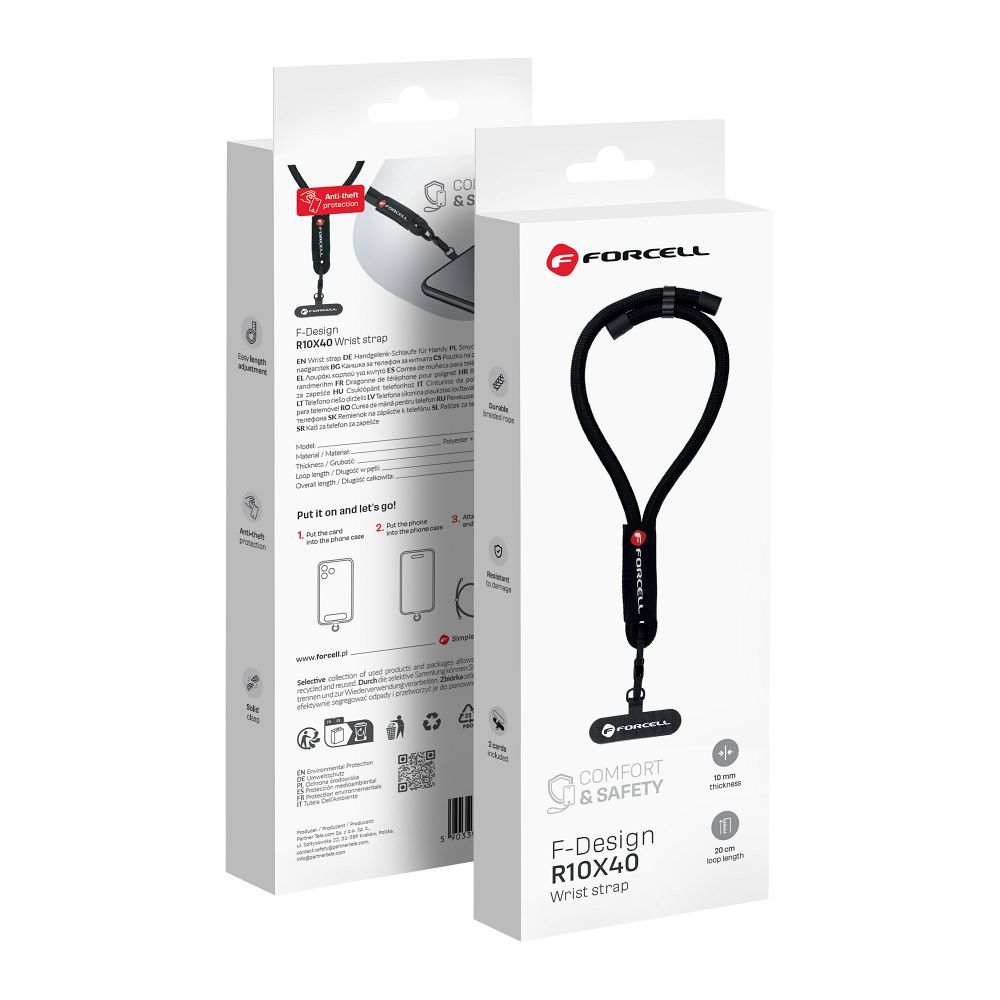 FORCELL F-DESIGN R10X40 rokas telefona siksniņa ar regulējamu garumu (maks. 20cm cilpā) melna