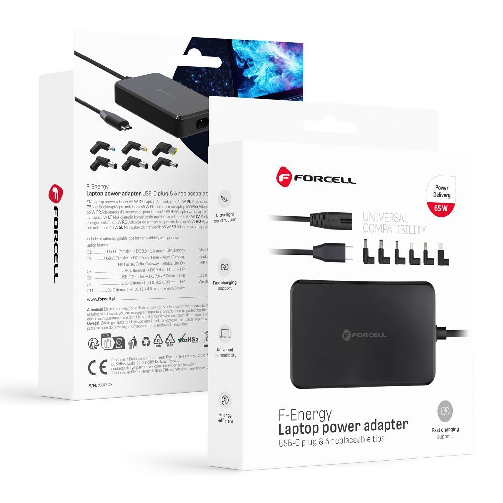 Forcell F-Energy E856 универсальное зарядное устройство для ноутбука 65W USB C + 6 адаптеров - чёрное