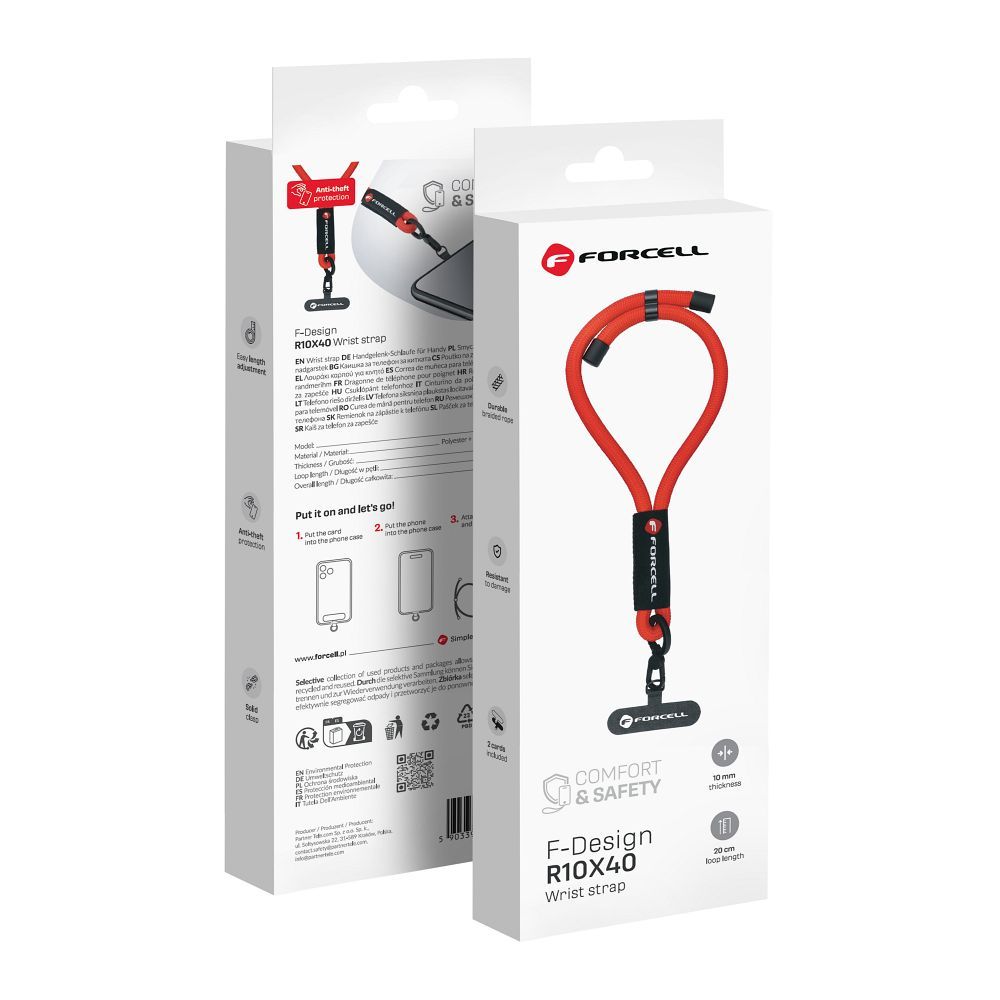 FORCELL F-DESIGN R10X40 rokas telefona siksniņa ar regulējamu garumu (maks. 20cm cilpā) sarkana