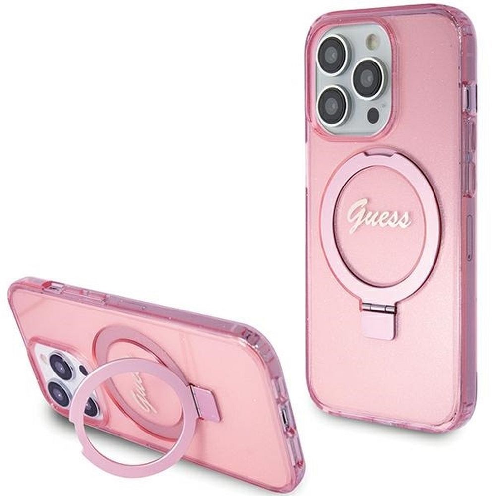 Guess viedtālruņa apvalks ar statīvu Ring Stand Script Glitter magnētiskais iPhone 15 Pro - rozā