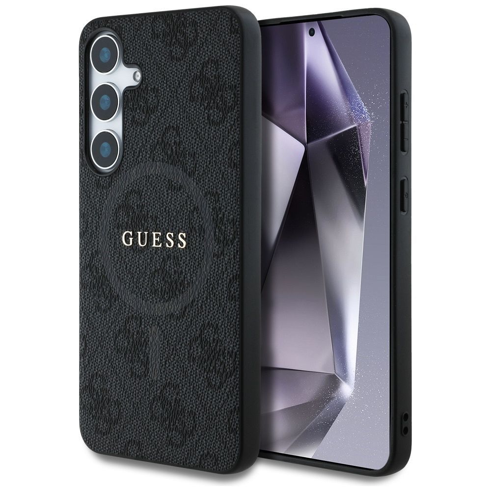 Guess Ādas 4G Krāsains Gredzens Klasiskais Logotips Magnētiskais Viedtālruņa apvalks Samsung Galaxy S25 Plus melna