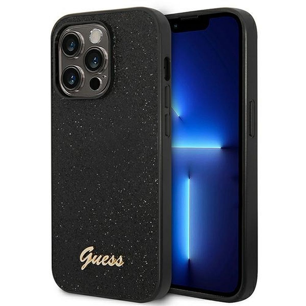 Guess Glitter Script viedtālruņa apvalks iPhone 14 Pro - melns