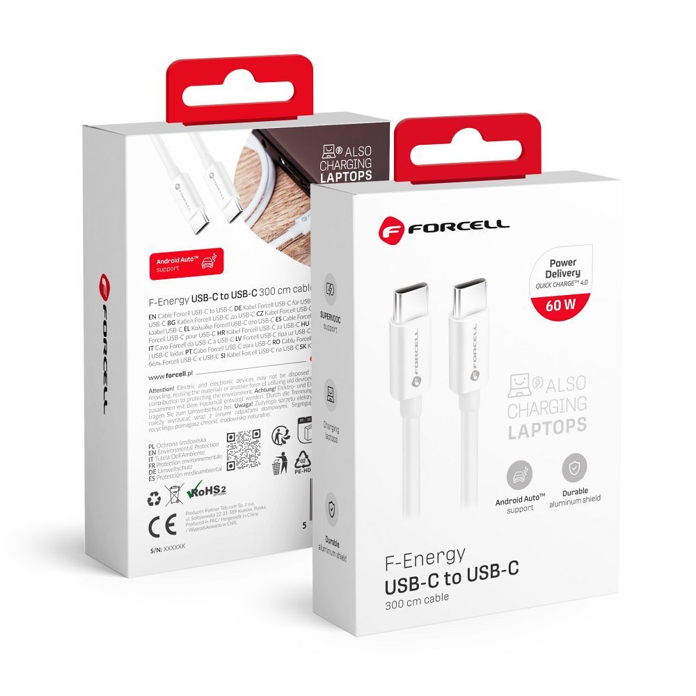 Kabelis FORCELL F-ENERGY C338 Type C uz Type C PD QC4.0 3A 60W 3 m balts