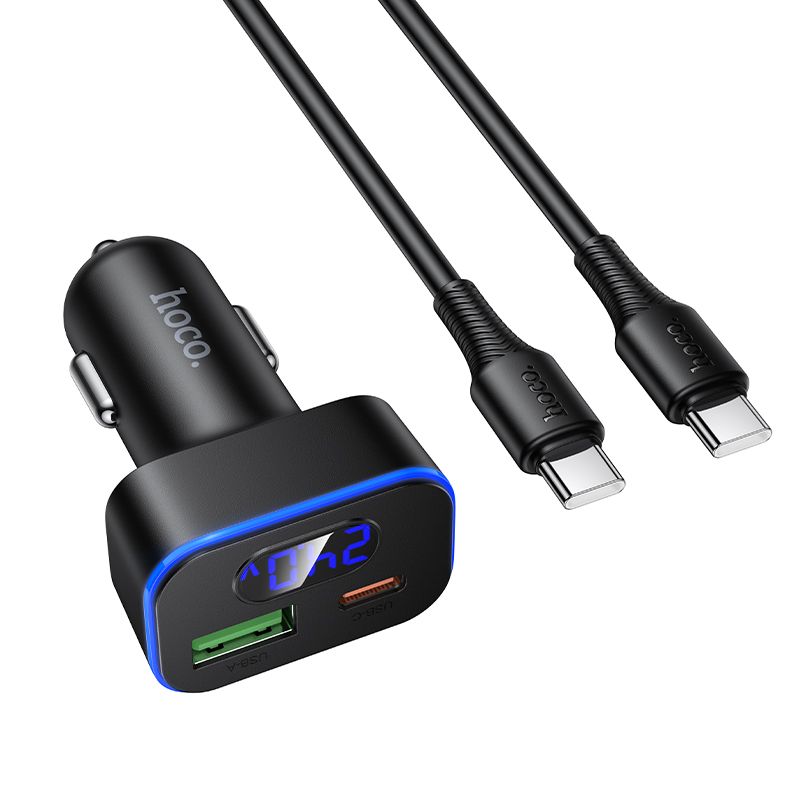 auto lādētājs Hoco USB A + USB C PD QC3.0 48W + kabelis USB C to C Z63B melns