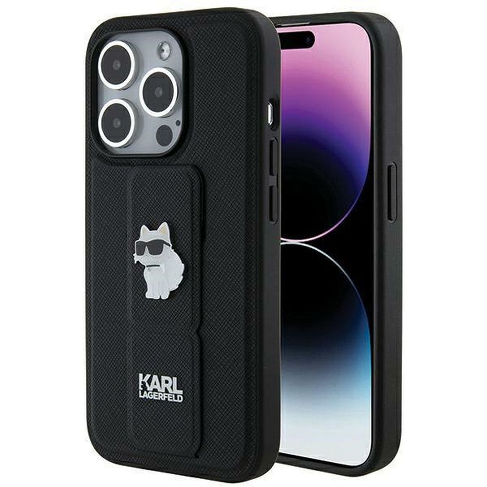 Karl Lagerfeld Gripstand Saffiano Choupette Pins viedtālruņa apvalks iPhone 14 Pro Max - melns