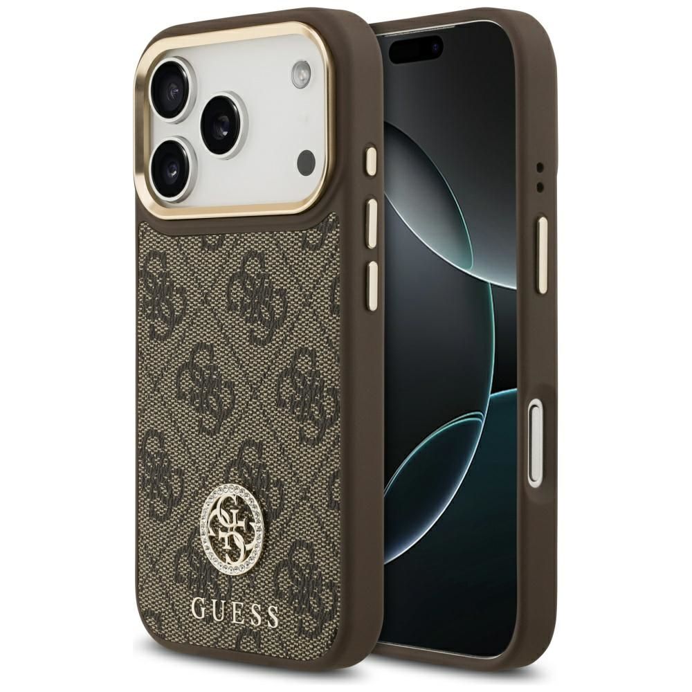 Guess чехол для iPhone 17 Pro совместимый с MagSafe GUHMP17LP4GRMDEW (PU W/ 4G Strass Logo) коричневый