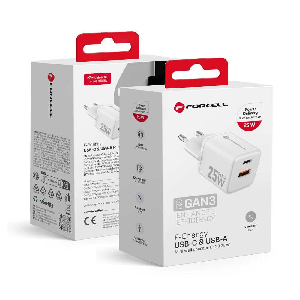 FORCELL F-ENERGY Mini GaN III VT-25B ceļojumu lādētājs ar 1 x Type C + 1x USB A ligzdām, PD QC4.0 25W balts
