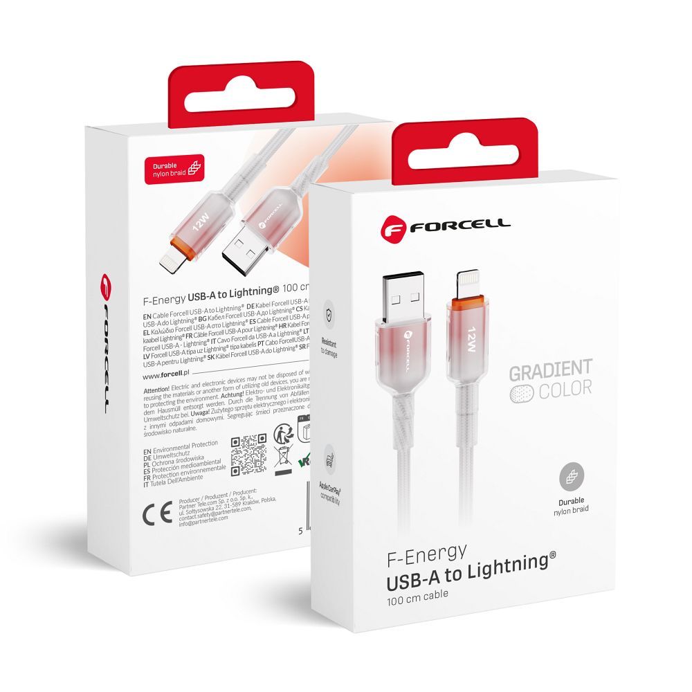 FORCELL F-ENERGY C353 kabelis USB A uz Lightning 2,4A 12W Gradient 1 m balts