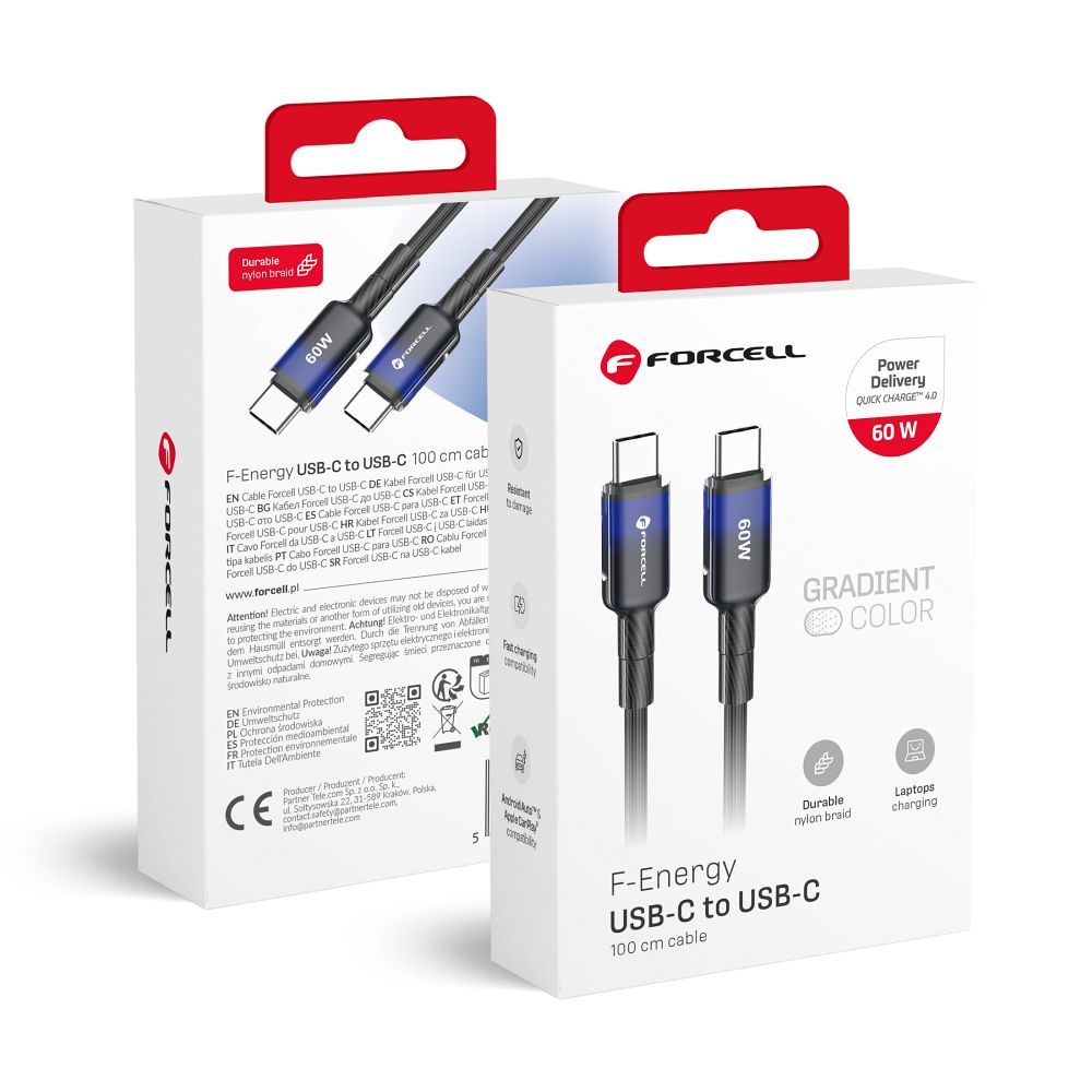 Cable USB C to USB C Forcell F-Energy QC4.0 PD 3A 60W Gradient 1 m C354 black