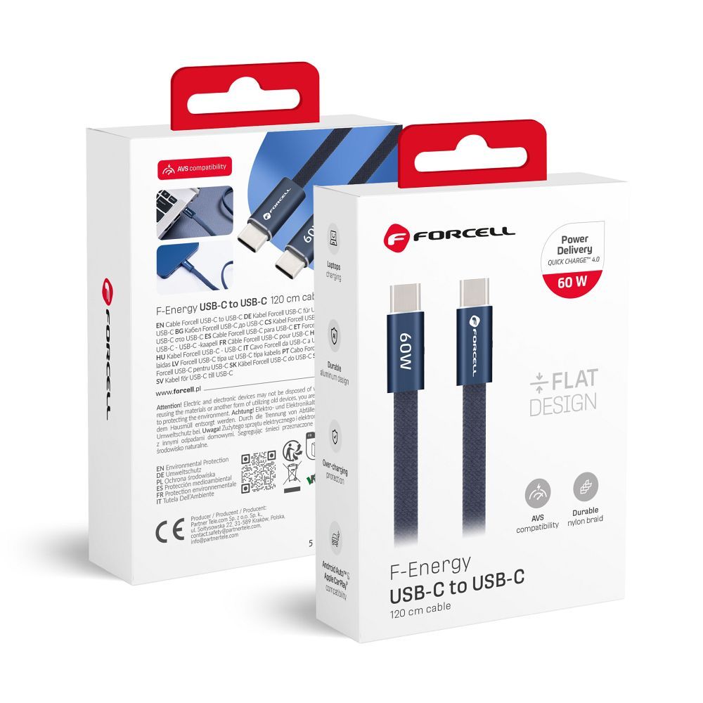 Kabelis USB C uz USB C Forcell F-Energy QC4.0 PD 3A 60W Cafule Flat 1,2 m CCFN23 tumši zils