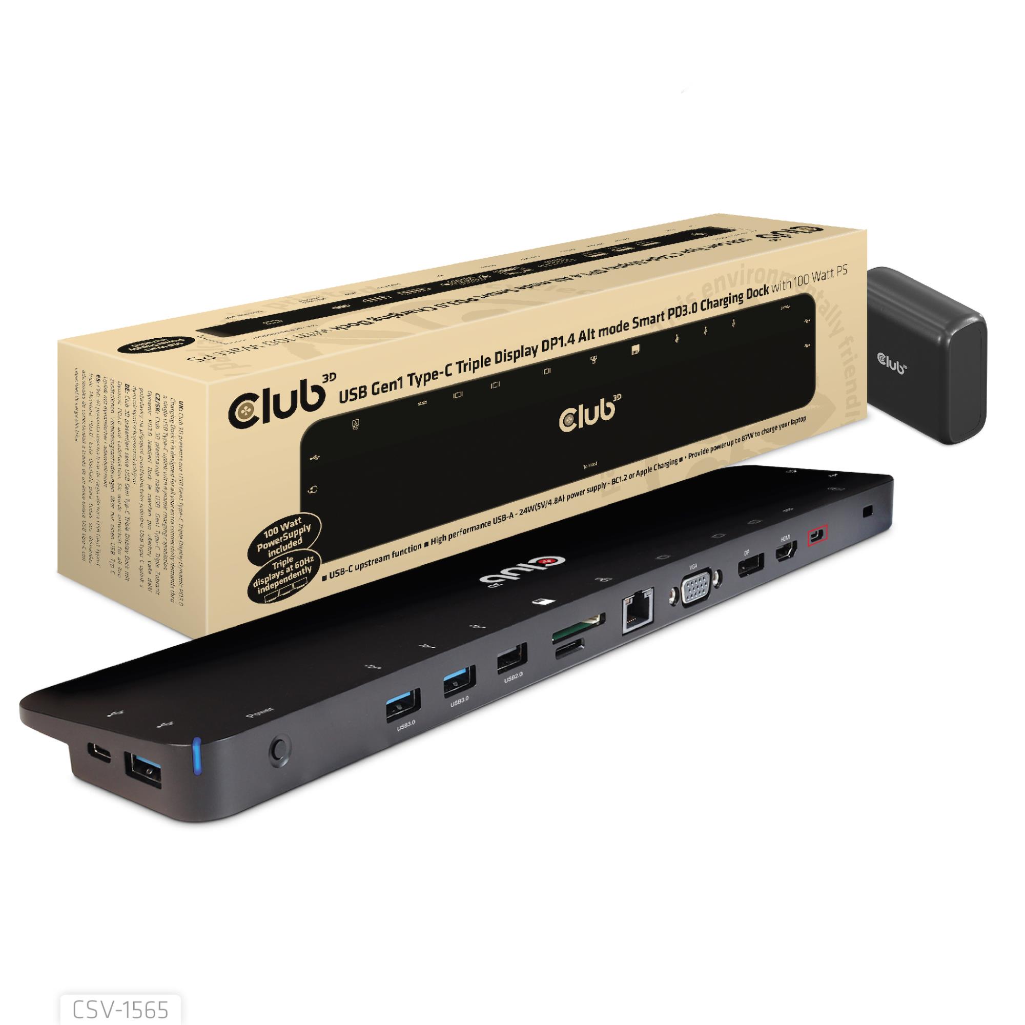 Club3D portatīvā datora dokstacija USB-C 100W CSV-1565