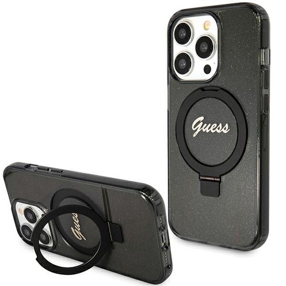 Guess viedtālruņa apvalks ar statīvu Ring Stand Script Glitter magnētiskais iPhone 15 Pro Max - melns
