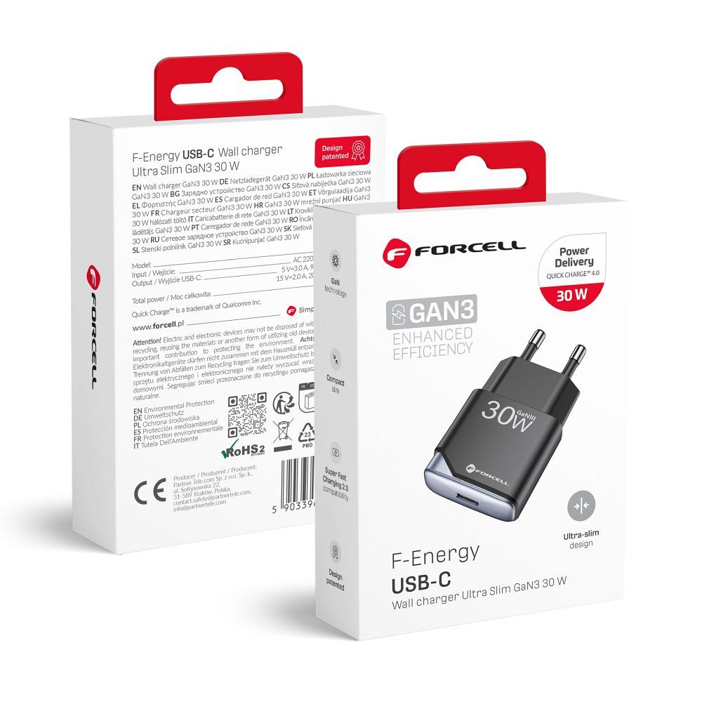 FORCELL F-ENERGY GaN III B130101-E īpaši plāns ceļojumu lādētājs 1 x Type C + USB A PD QC4.0 3A 30W melns