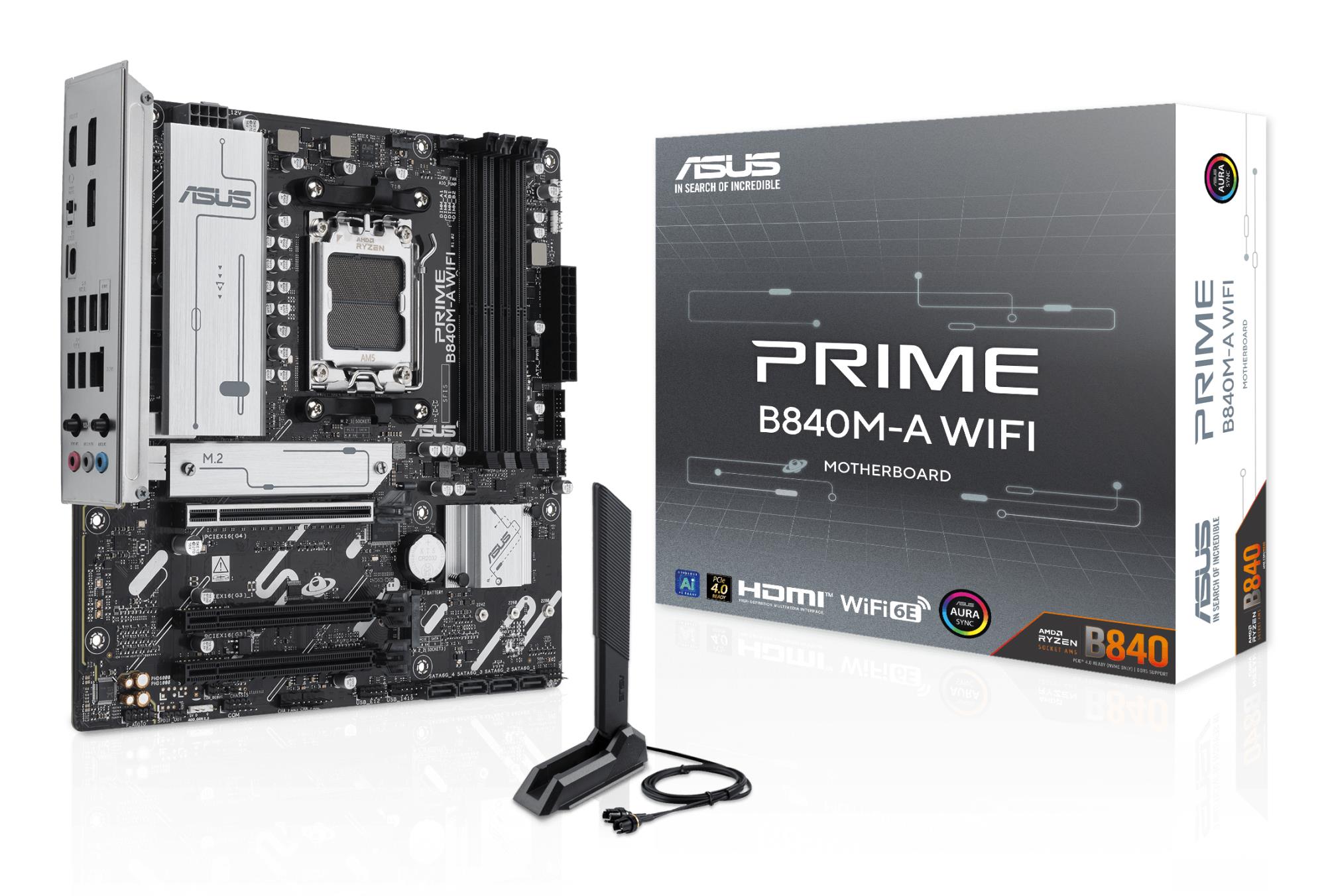 ASUS mātesplate AMD B840 SAM5 Micro-ATX DDR5 4xSlot 3xM.2 HDMI 2xDP PRIMEB840M-AWIFI