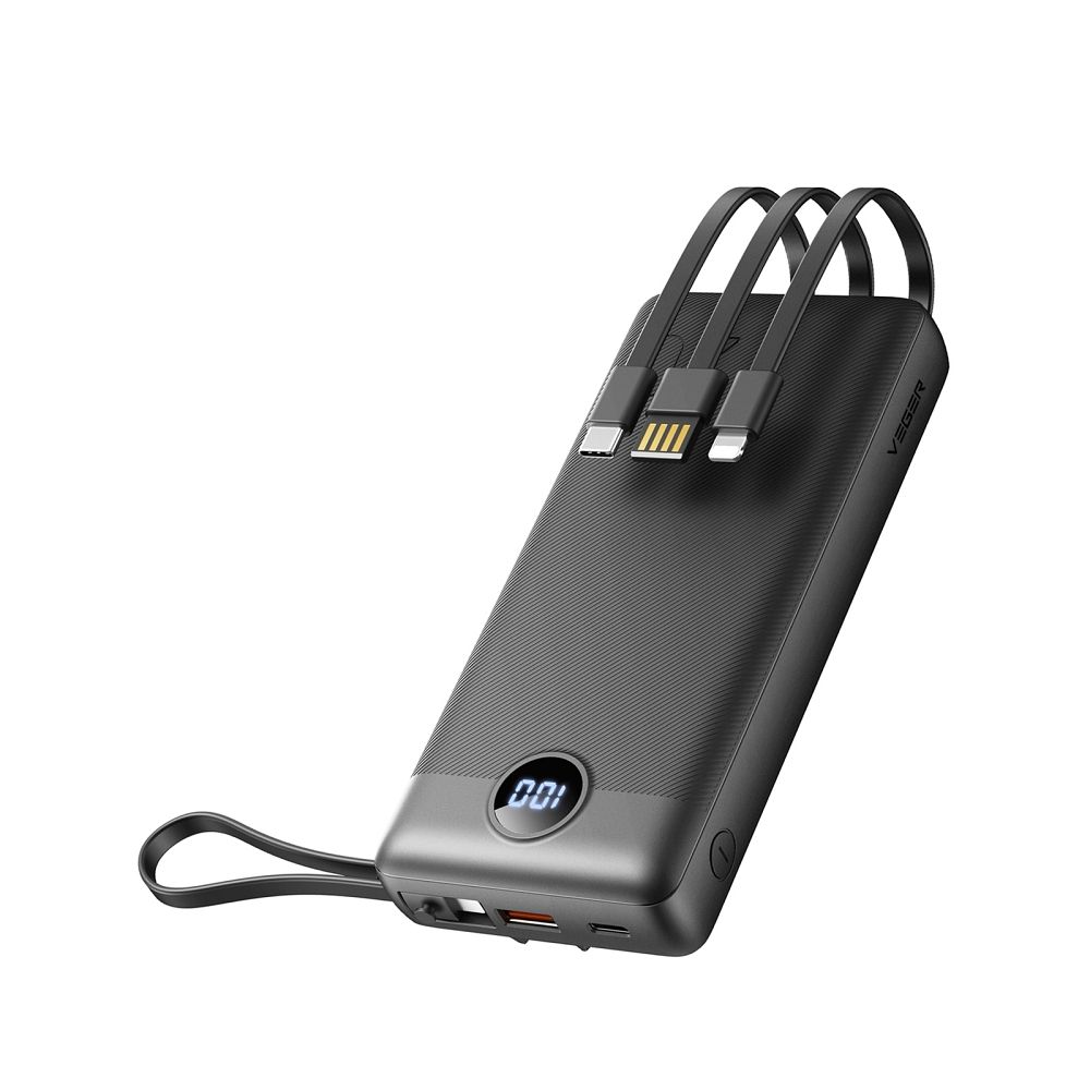 VEGER Portatīvais lādētājs 20000 mAh ar iebūvētu kabeli Micro USB / Type C / Lightning C20 (W2047 / W2059) melns