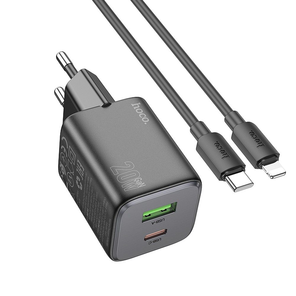 Зарядное устройство для телефона USB A + USB C QC PD 3A 20W + кабель USB C to Lightning N41 чёрное