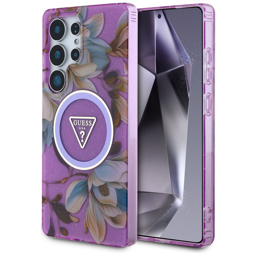 GUESS apvalks SAMSUNG S25 Ultra GUHMS25LHFLPEDU (Magnētiskais IML metāla spīdums ziedu trīsstūris) violeta