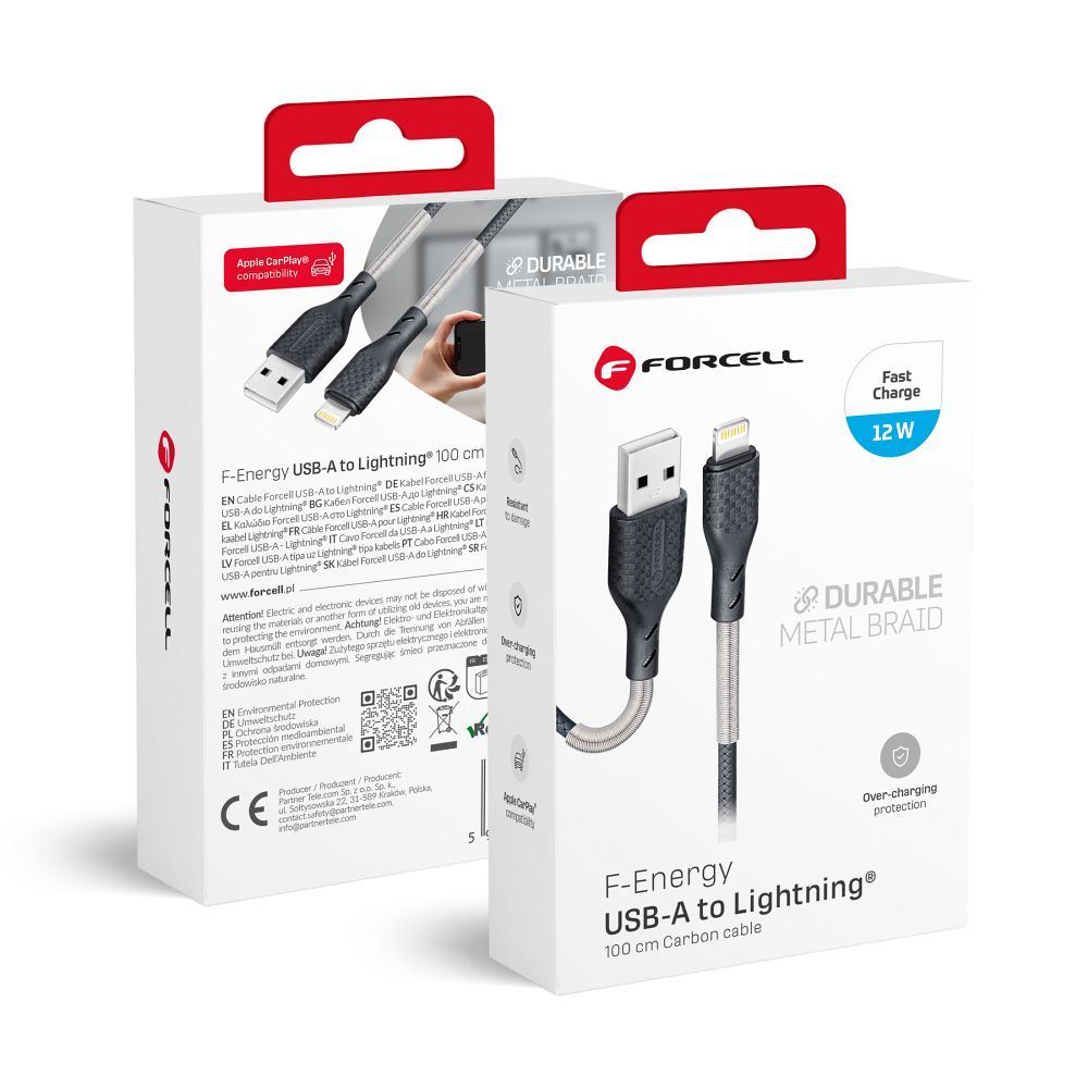 Кабель USB A - Lightning Forcell F-Energy 2,4A 12W Carbon 1 м CB-01A чёрный
