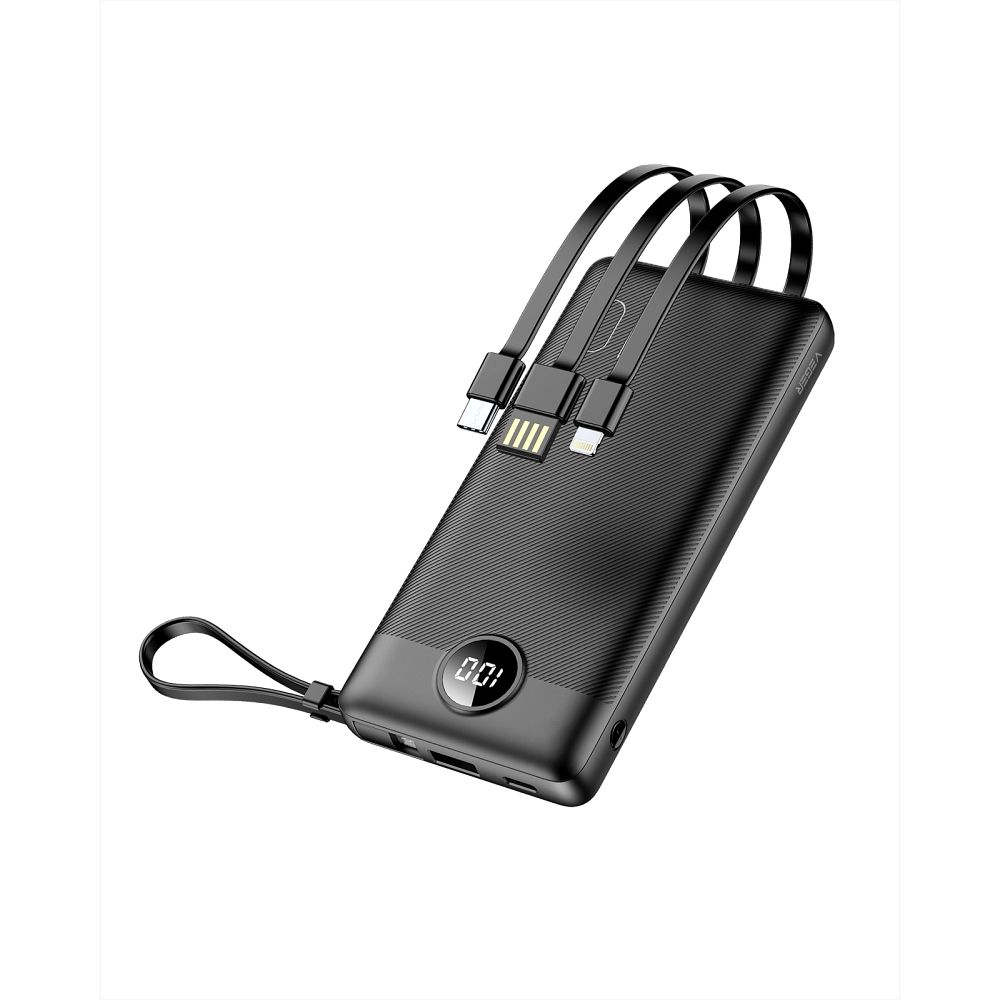 VEGER portatīvais lādētājs 10000 mAh ar iebūvētiem kabeļiem Micro USB / Type C / Lightning C10 (W1116) melna