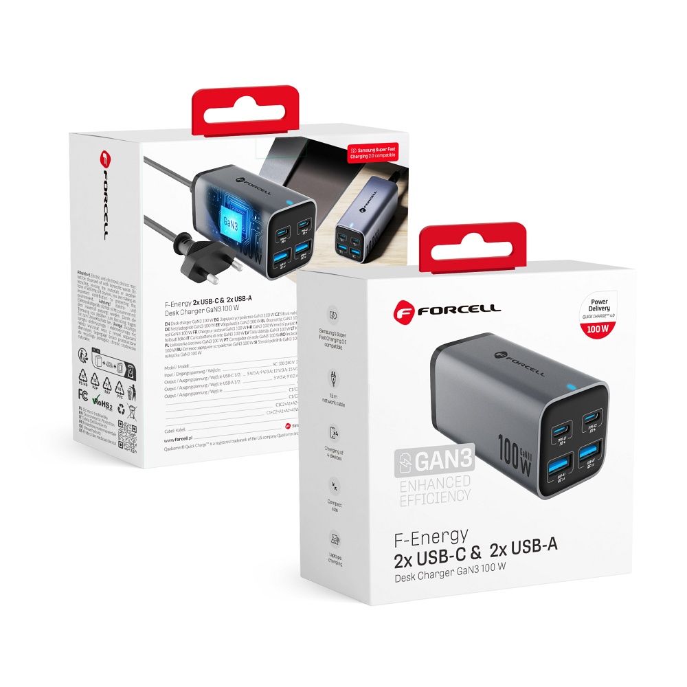 Настольное зарядное устройство Forcell F-Energy GaN III 2 x USB C + 2 x USB A QC4.0 PD 5A 100W VT-49 серое
