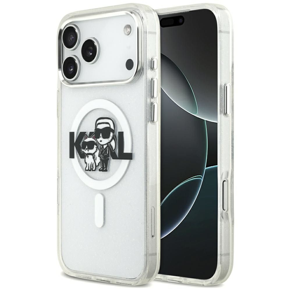 Karl Lagerfeld IML mirdzošais Karl & Choupette skices logotipa magnētiskais viedtālruņa apvalks iPhone 17 Pro Max - caurspīdīgs