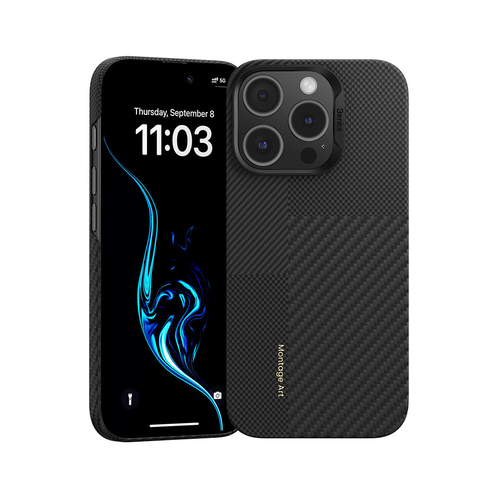 Benks Montage Magnētiskais Armor Air Kevlar viedtālruņa apvalks PC rāmis 600D+1500D (MB65) Iphone 16 Pro melns