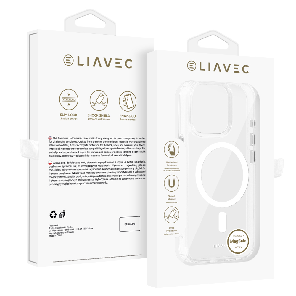 Liavec Spīdīgs Magnētiskais Caurspīdīgs viedtālruņa apvalks Iphone 15 Pro balta