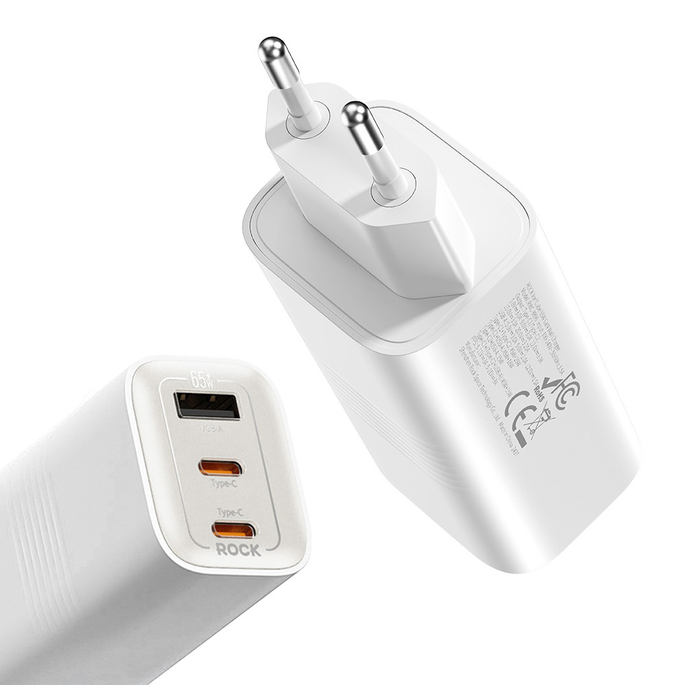 Rock Sienas lādētājs Ice2Cube GaN - USB + 2xType C - PD 65W 3A balts