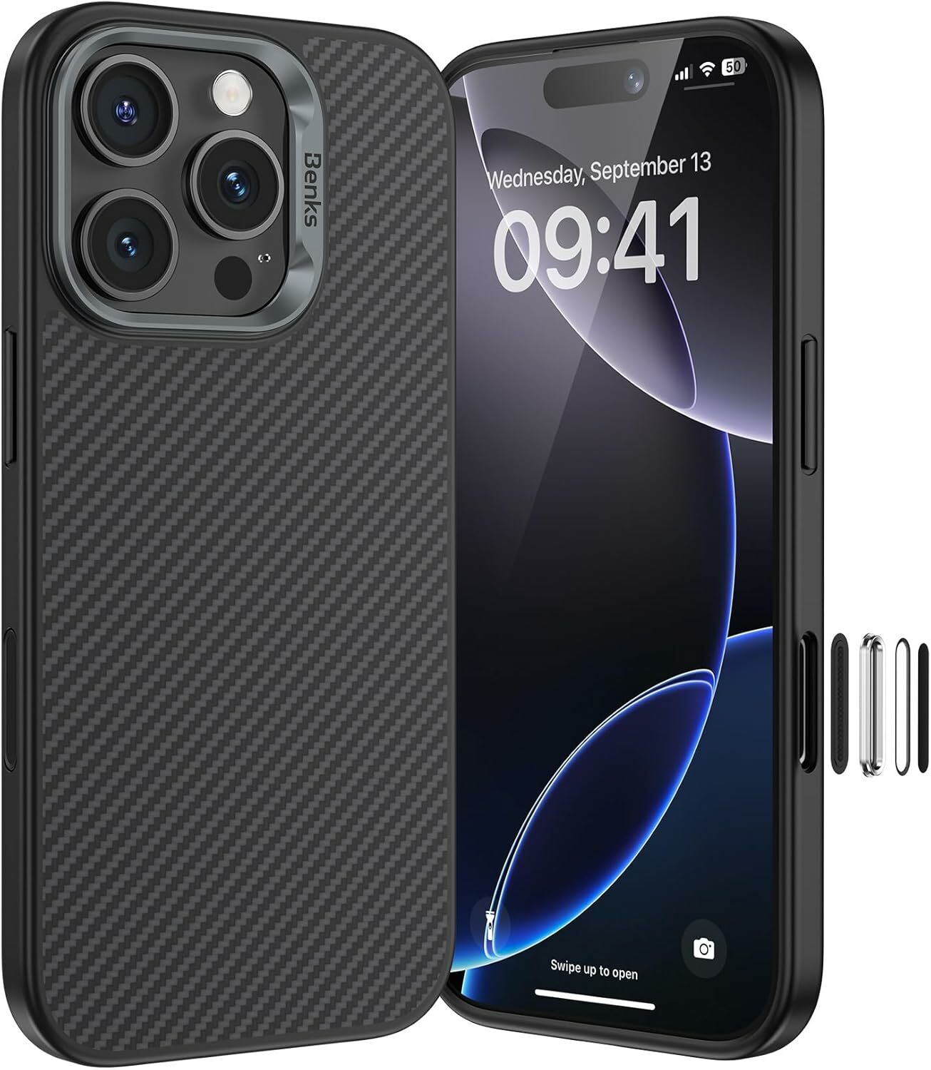 Benks Magnētiskais Armor Pro Kevlar apvalks Metāla rāmis 600D (D065) Iphone 16 Pro melns (Kameras vadības poga)