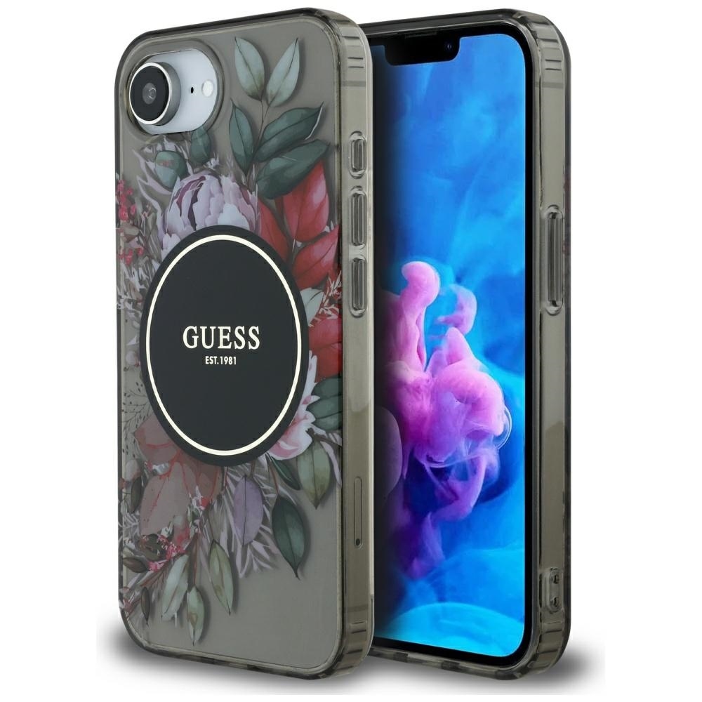 Guess IML Flowers magnētiskais viedtālruņa apvalks iPhone 16e - melns