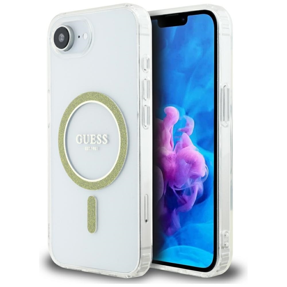 Guess IML Glitter Circle magnētiskais viedtālruņa apvalks iPhone 16e - caurspīdīgs