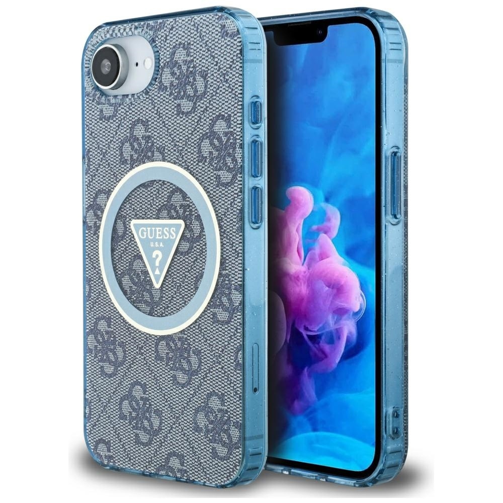 Guess IML Metal Glitter 4G Circle Triangle magnētiskais viedtālruņa apvalks iPhone 16e - zils