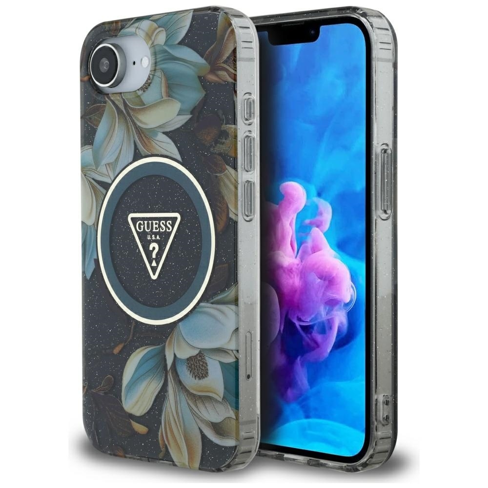 Guess IML Metal Glitter Flowers Triangle magnētiskais viedtālruņa apvalks iPhone 16e - melns