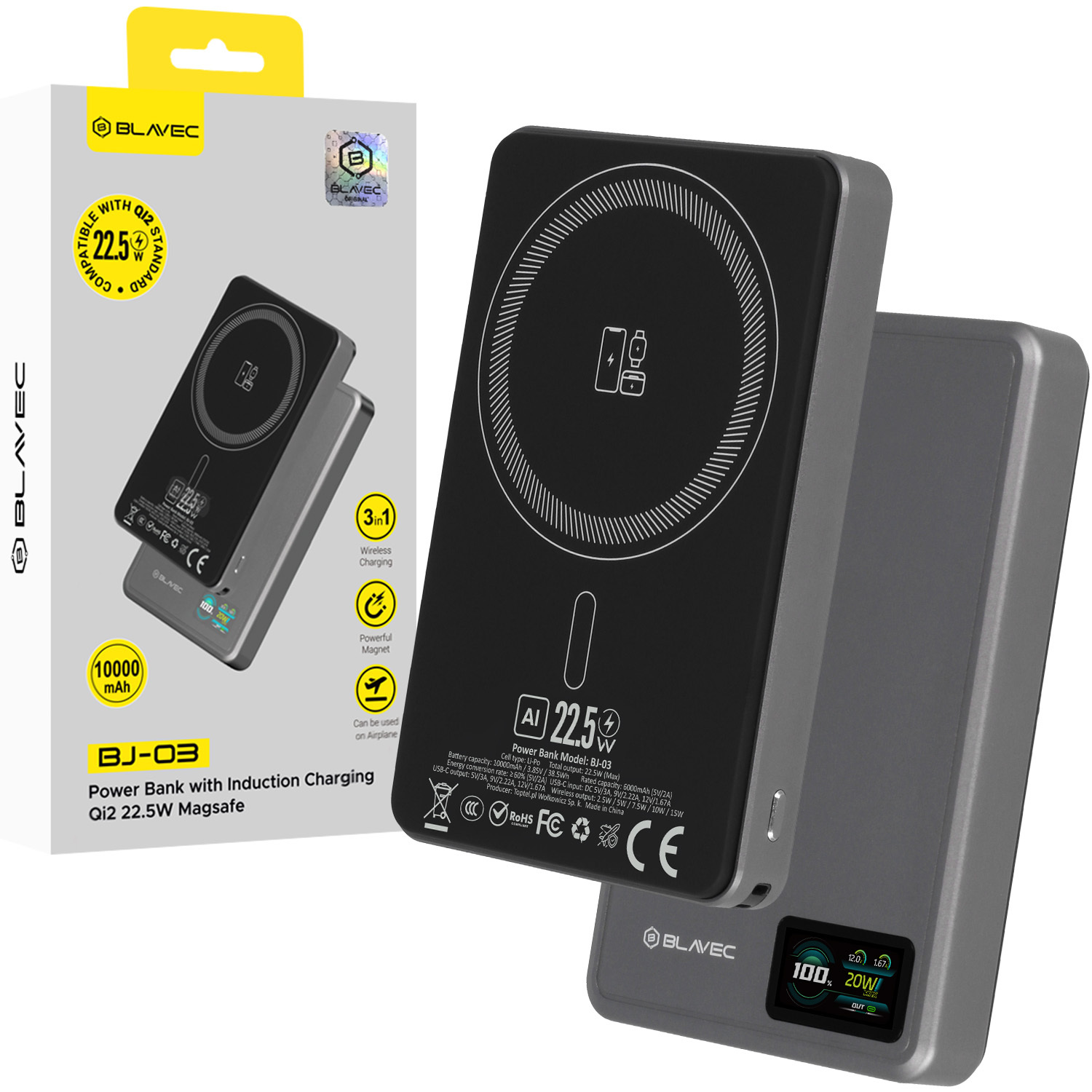 Blavec Portatīvais lādētājs 10000mAh BJ-03 Plāns 13,5mm - Type C - 22,5W magnētiskā Magsafe 3 in 1 (PBBJ03-MC10G) pelēka