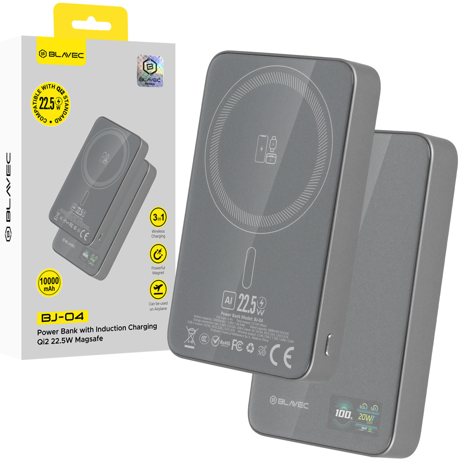 Blavec Portatīvais lādētājs 10000mAh BJ-04 Plāns 13,5mm - Type C - 22,5W magnētiskā Magsafe 3 in 1 (PBBJ04-MC10G) pelēka stikls