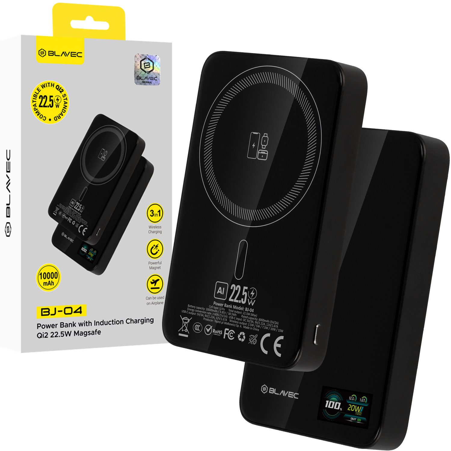 Blavec Portatīvais lādētājs 10000mAh BJ-04 Plāns 13,5mm - Type C - 22,5W magnētiskā Magsafe 3 in 1 (PBBJ04-MC10B) melna stikls