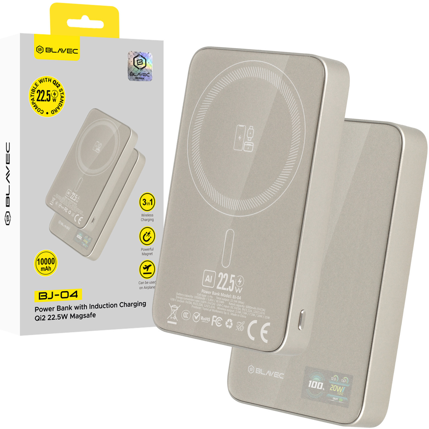 Blavec Portatīvais lādētājs 10000mAh BJ-04 Plāns 13,5mm - Type C - 22,5W magnētiskā Magsafe 3 in 1 (PBBJ04-MC10GD) zelta stikls