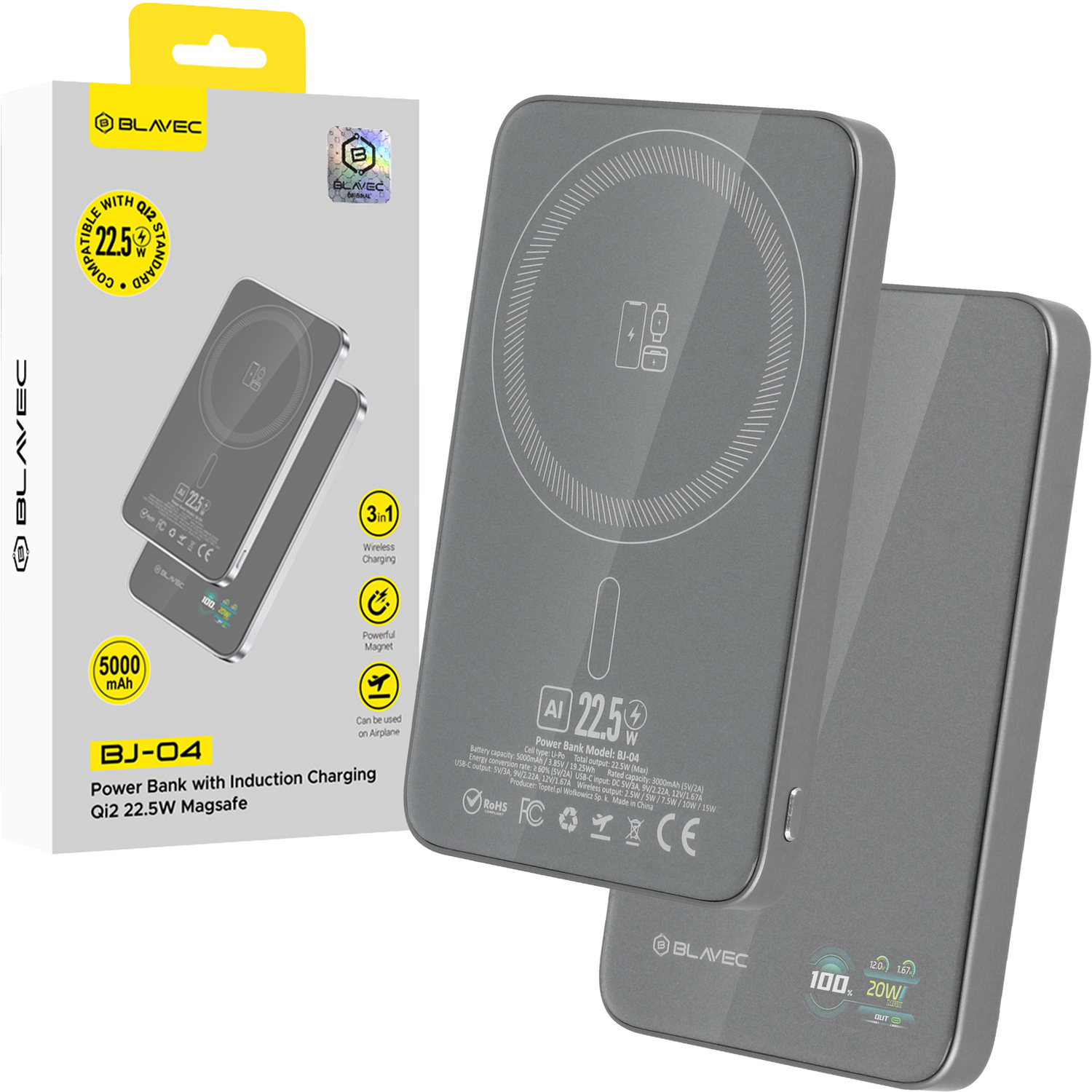 Blavec Portatīvais lādētājs 5000mAh BJ-04 Īpaši Plāns 7,8mm - Type C - 22,5W magnētiskā Magsafe 3 in 1 (PBBJ04-MC5G) pelēka stikls