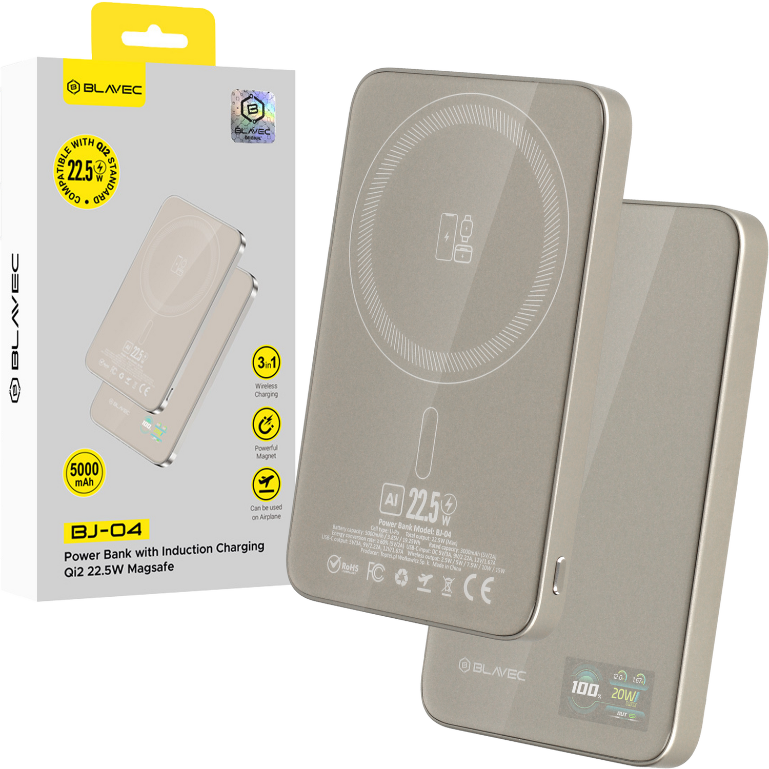 Blavec Portatīvais lādētājs 5000mAh BJ-04 Īpaši Plāns 7,8mm - Type C - 22,5W magnētiskā Magsafe 3 in 1 (PBBJ04-MC5GD) zelta stikls