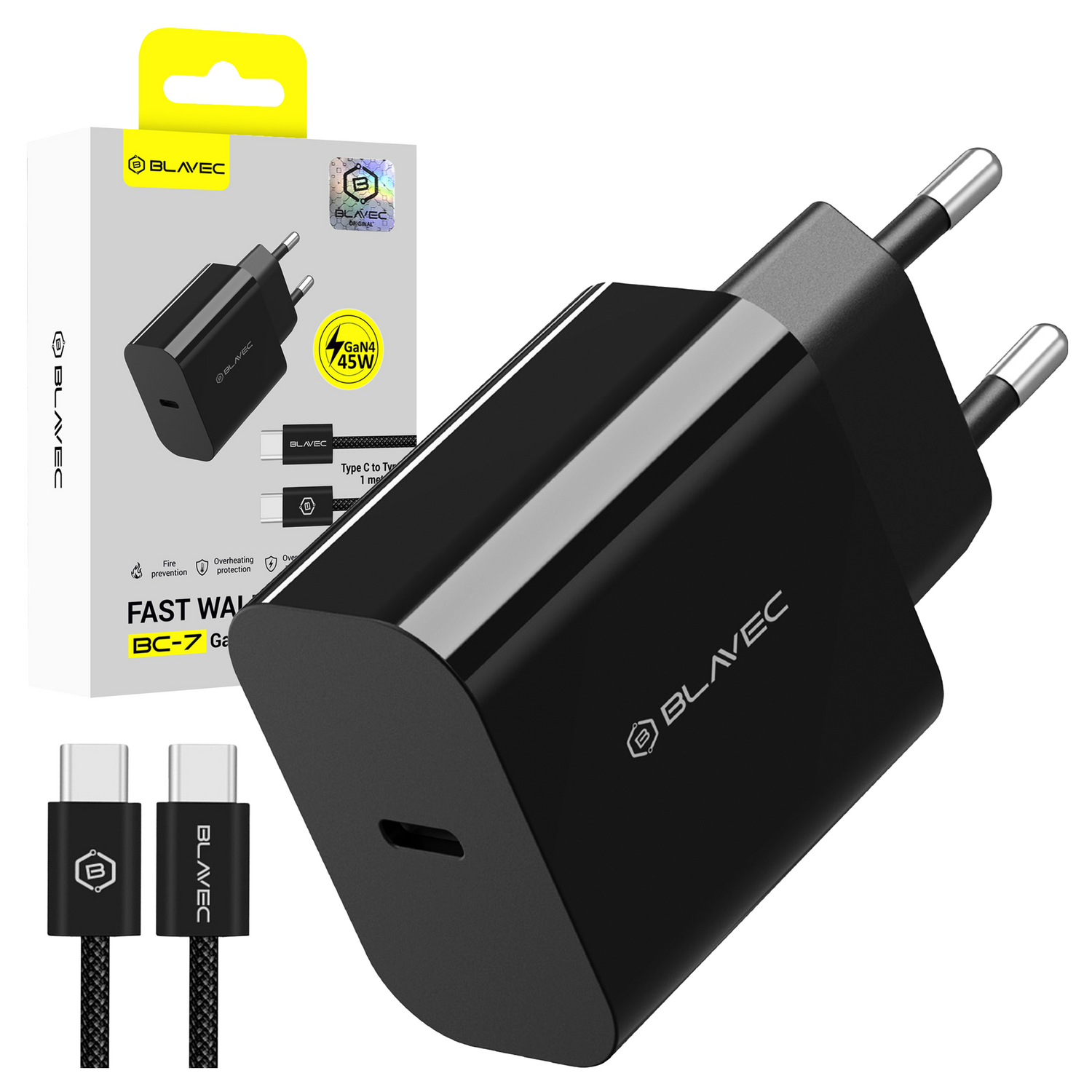 Blavec Sienas lādētājs BC-7 GaN4 - Type C - PD QC 45W 3A ar Type C uz Type C kabeli (TCBC7G4-CB453A+CC) melns