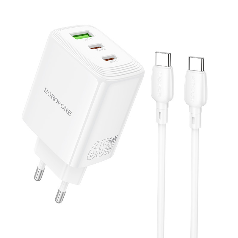Borofone sienas lādētājs BN32 Cargador GaN - USB + 2xType C - QC 3.0 PD 65W ar Type C uz Type C balts