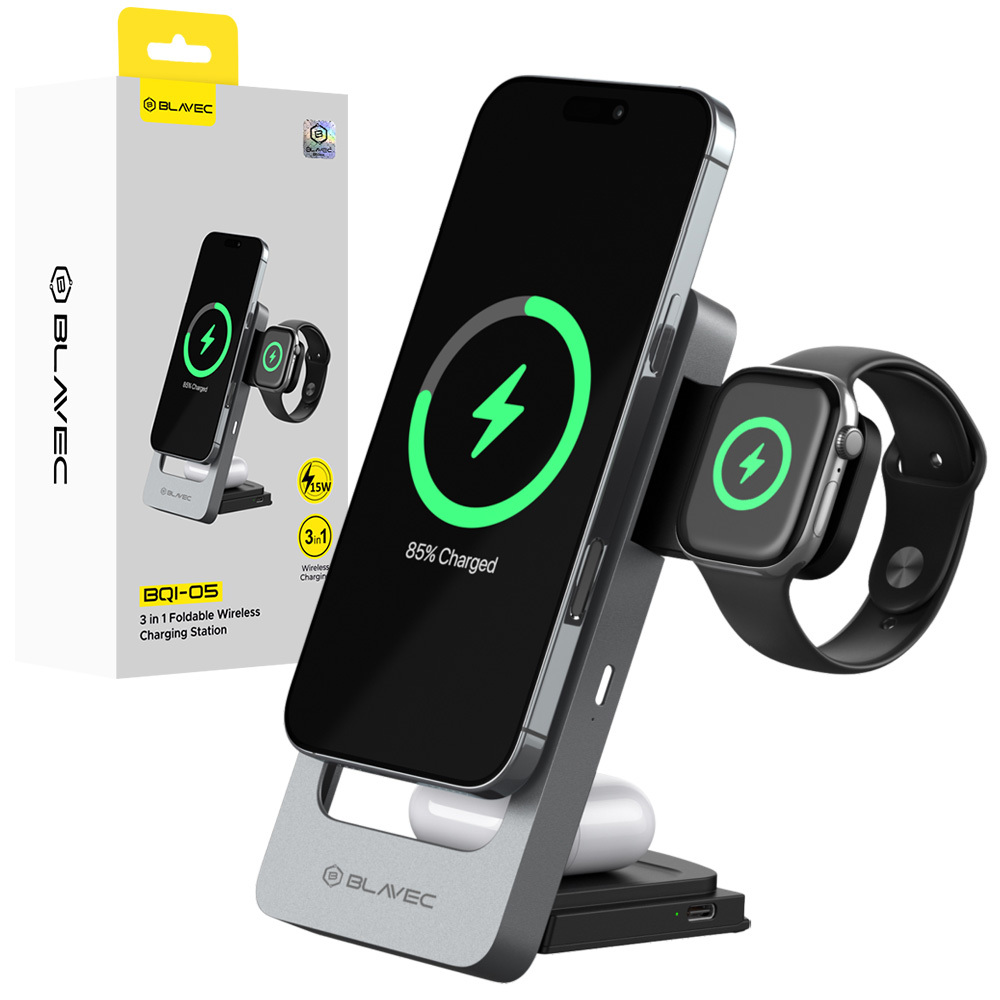 Blavec indukcijas lādētājs BQI-05 Qi 15W magnētiskais Magsafe 3 in 1 UniCharge (BQI05-QIMS) sudraba krāsā