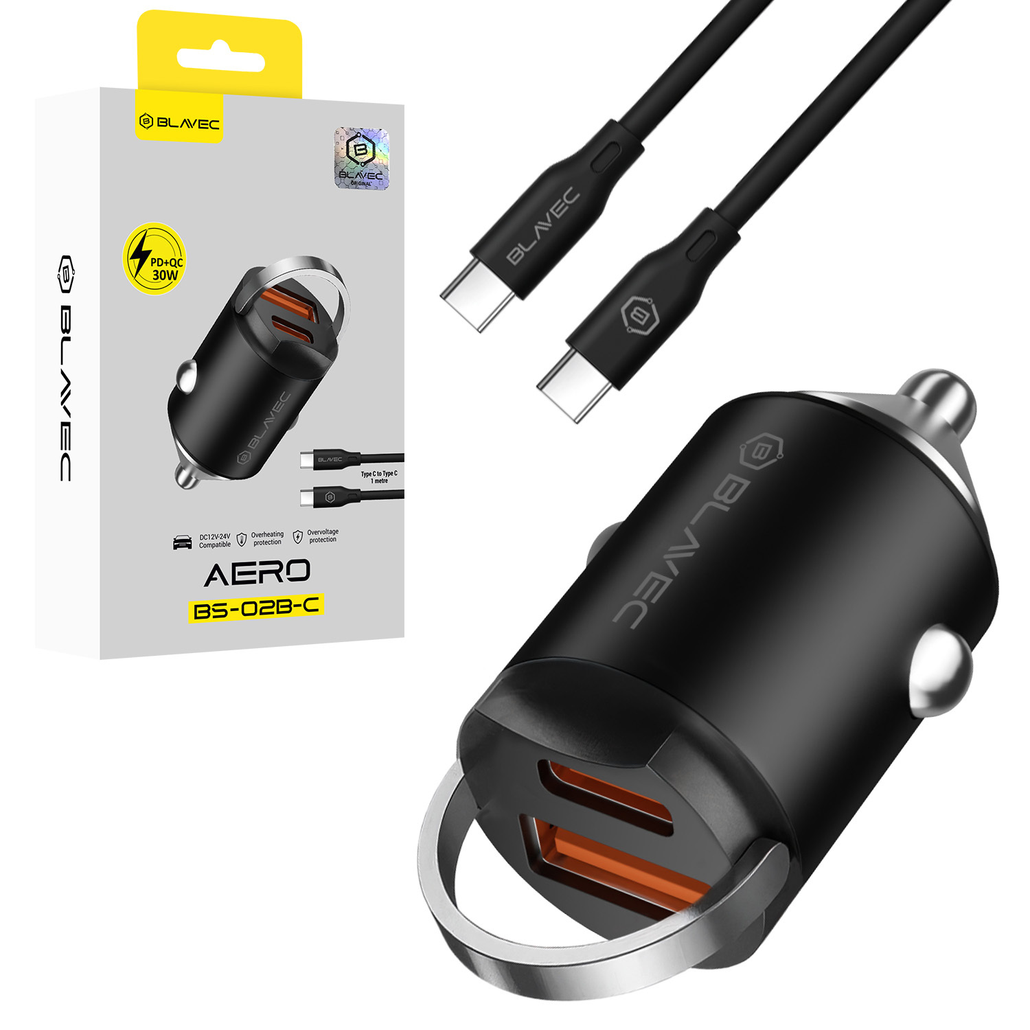 Blavec Car charger BS-02B-C Aero - USB + Type C - QC 3.0 18W PD 30W with Type C to Type C cable (CCBS02BCA-UCB) black