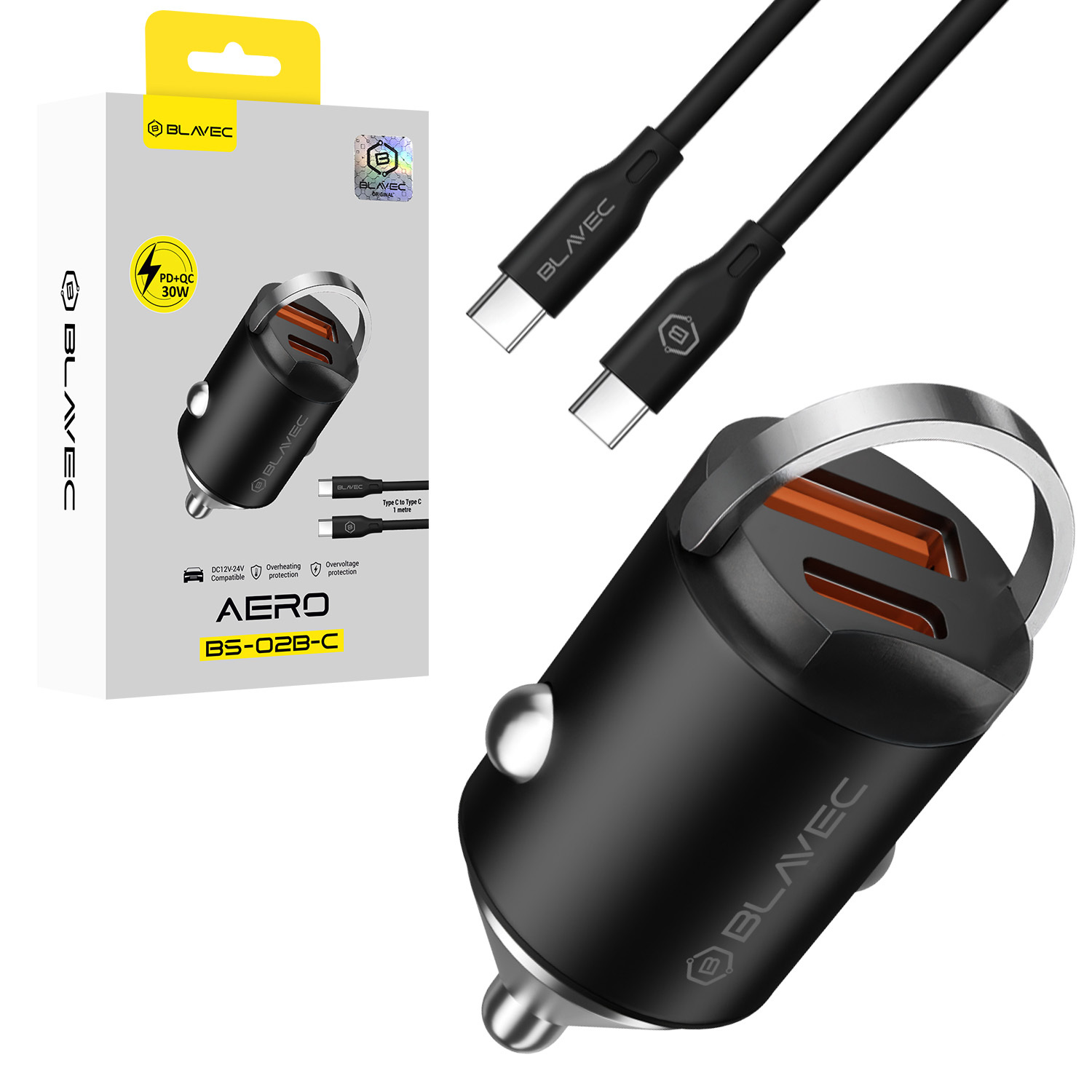 Blavec Auto lādētājs BS-02B-C Aero - USB + Type C - QC 3.0 18W PD 30W ar Type C to Type C cable (CCBS02BCA-UCB) melns