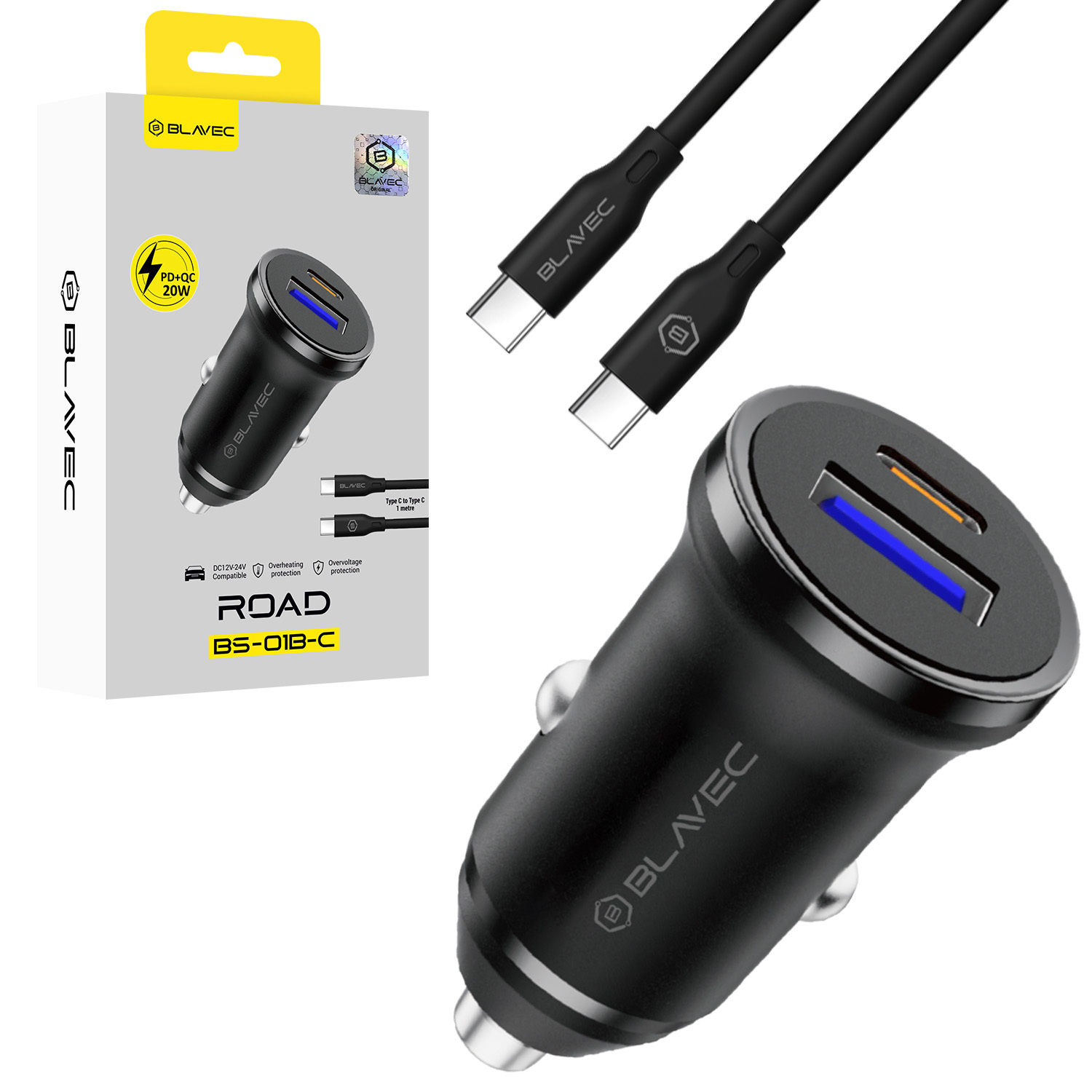 Blavec Auto lādētājs BS-01B-C Road - USB + Type C - QC 3.0 18W PD 20W ar Type C to Type C cable (CCBS01BCR-UCB) melns